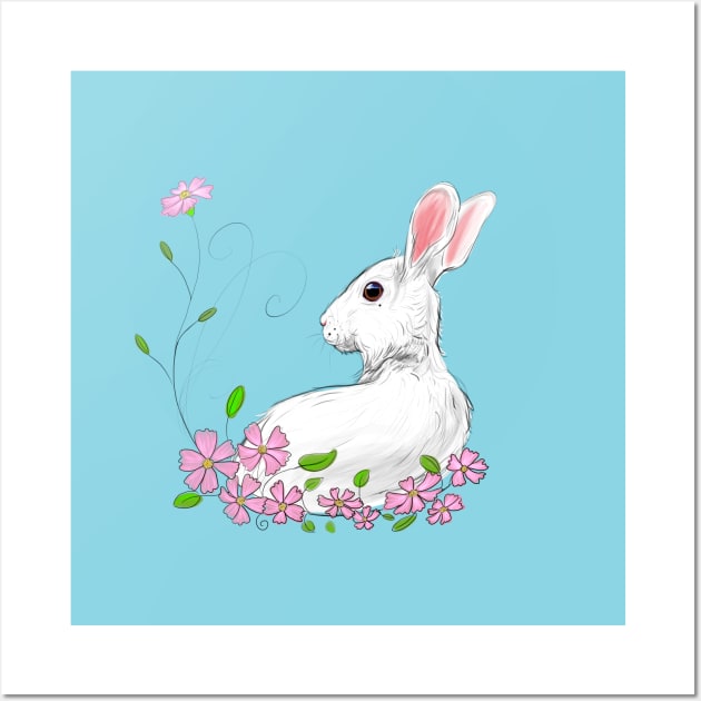 Charming Spring Rabbit and Pink Blossoms Wall Art by Ratna Arts